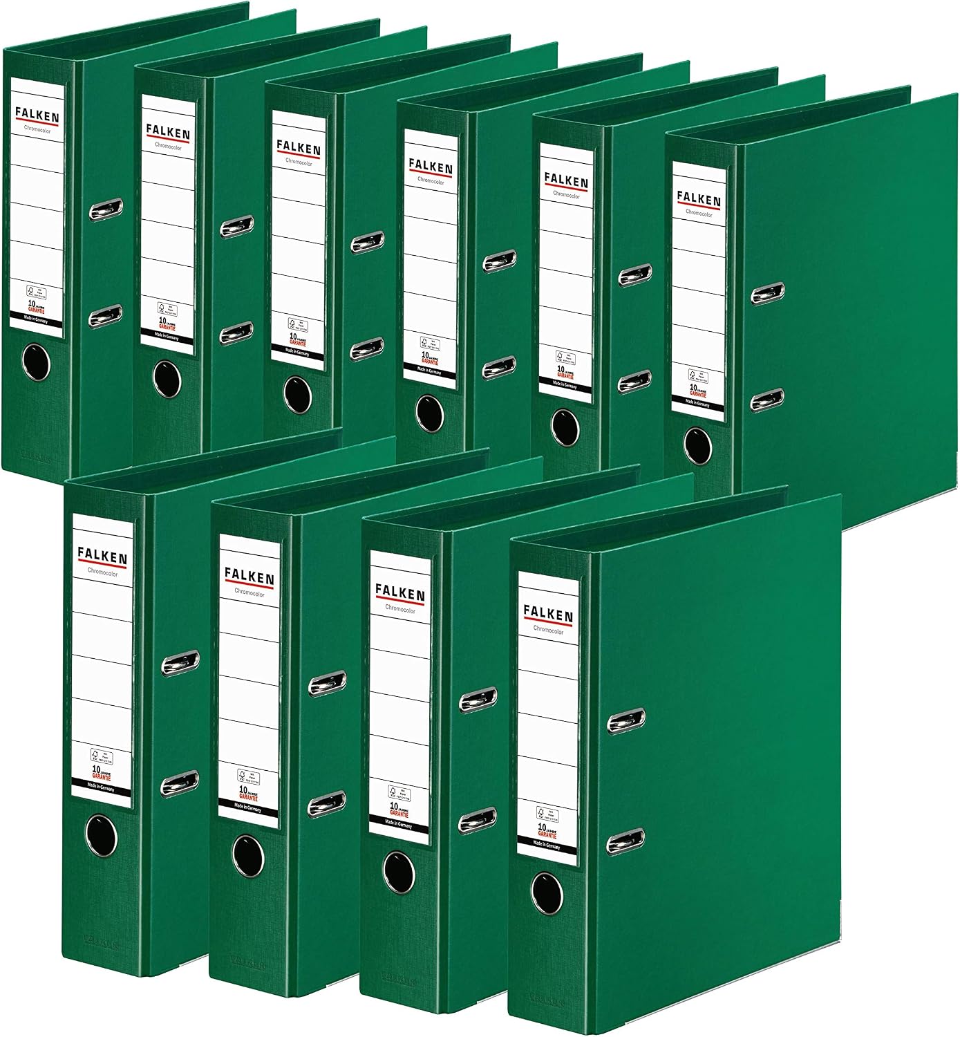 FALKEN Original 10-pack Green A4 Ring Binder File Folder Set. Made in Germany. Plastic, 8 cm wide, 600 sheet capacity, FSC certified