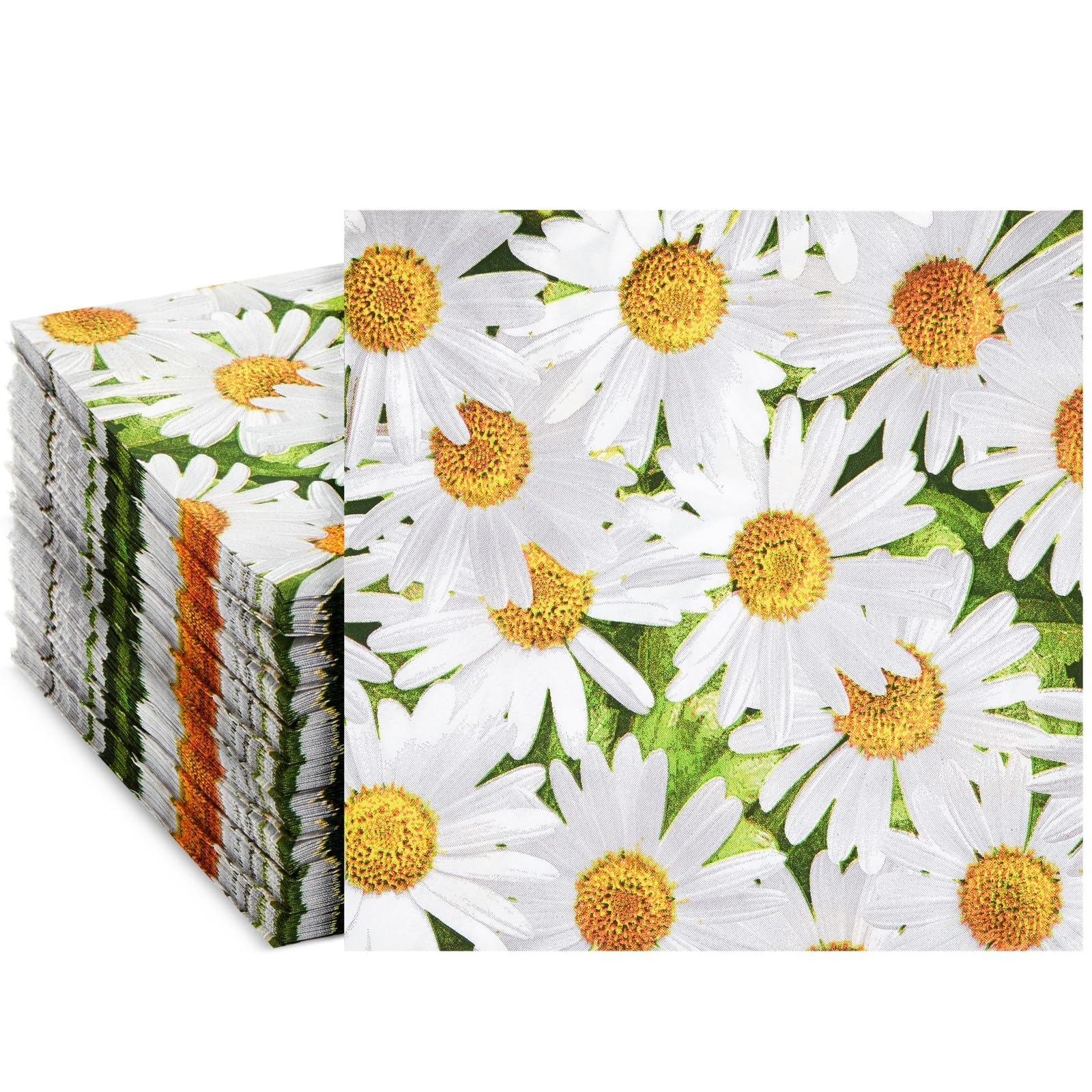 100 Pack White Daisy Afternoon Tea Napkins, Paper Serviettes, 16.5 x 16.5 cm