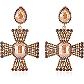 Statement Clip on Earrings Imitation Rhinestone Crystal Big Cross Clip on Earrings for Women Hypoallergenic Clip Drop Dangle Earrings for Wedding Bride Formal Party Mother's Day Gifts