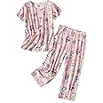 Inadays Womens Cotton Pajama Sets Short Sleeve Top With Capri Pants 2 piece sets for Women Summer Pajamas Lounge Set