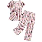 Inadays Womens Cotton Pajama Sets Short Sleeve Top With Capri Pants 2 piece sets for Women Summer Pajamas Lounge Set