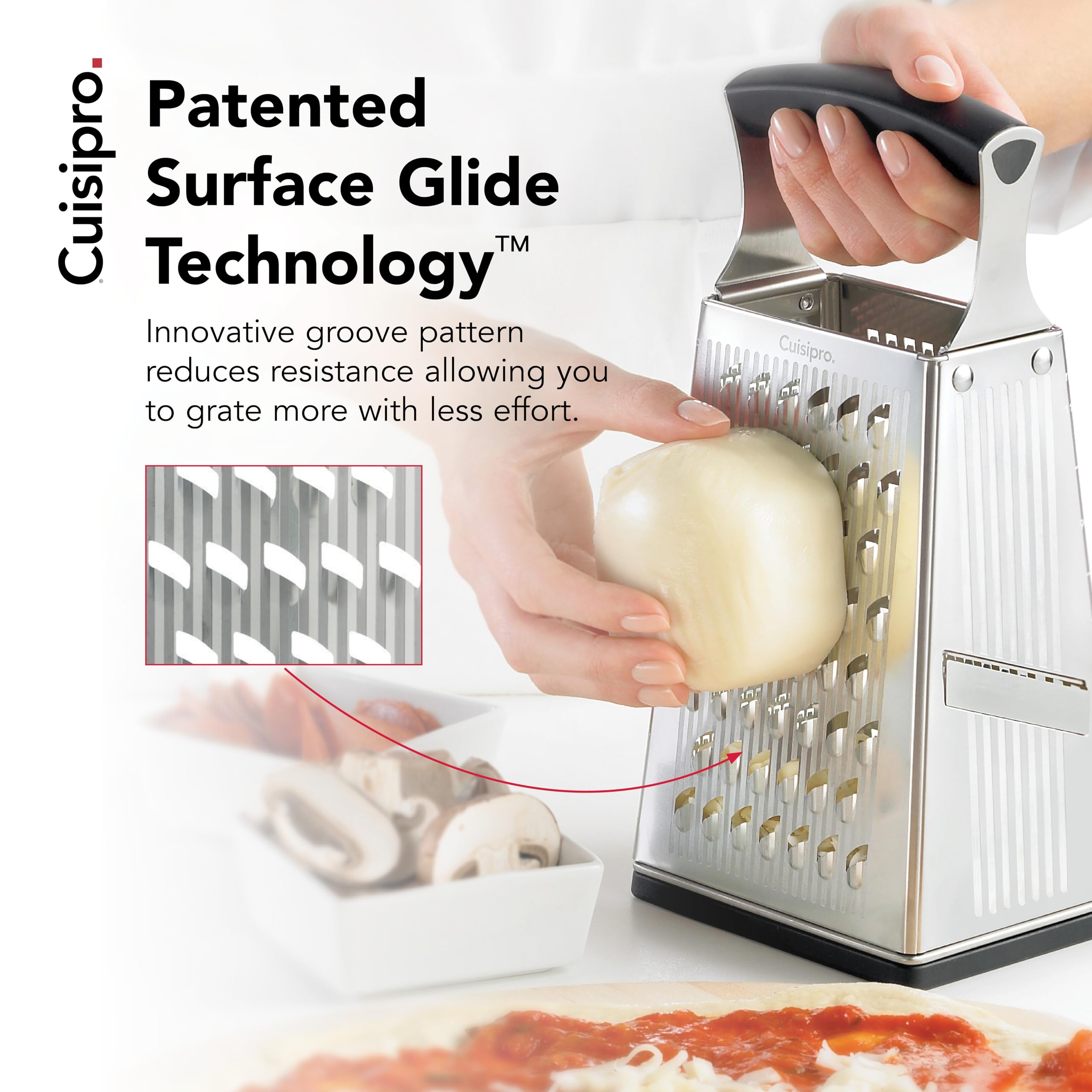 Cuisipro Stainless Steel Cheese Grater with Handle, 4 Sided Box Grater for Kitchen, Ginger Grater Dishwasher Safe, Fruit and Vegetables Slicer, Cheese Shredder for Potato, Chocolate, Parmesan, Ginger