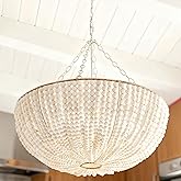 30 Inch Boho Wood Bead Chandelier, 2-Light Farmhouse Hand-Made Light Fixtures, Oak White Retro Vintage Antique Rustic Ceiling