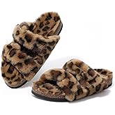 KIDMI Fuzzy Slippers Women with Cork Footbed Fluffy Slides Open Toe Indoor House Shoes | Arch Support | Adjustable Buckles