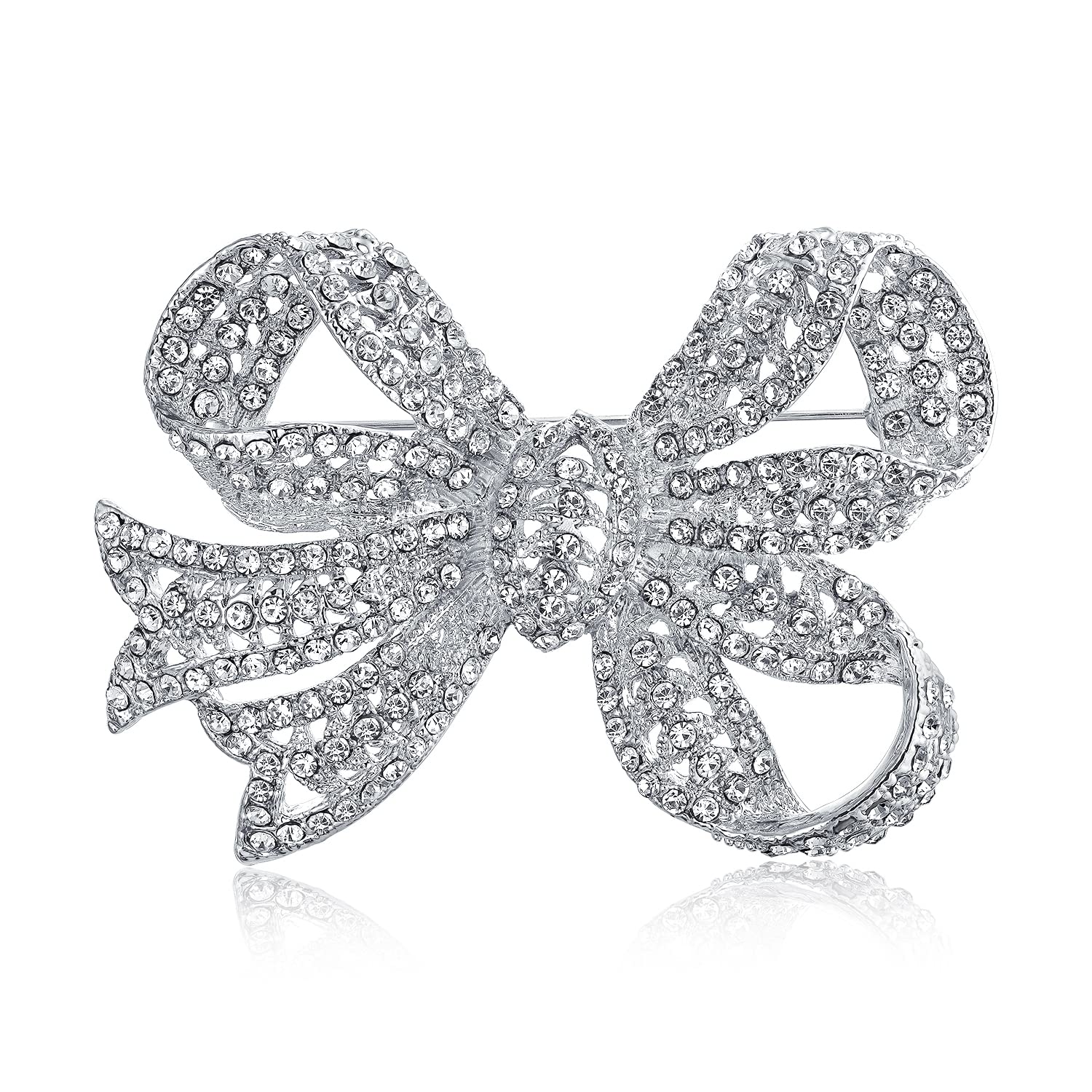 Victorian Vintage Style Winter Wedding Holiday White Glittering Crystal Pave Bridal Fashion Large Statement Filigree Ribbon Bow Scarf Brooch Pin For Women Silver Plated