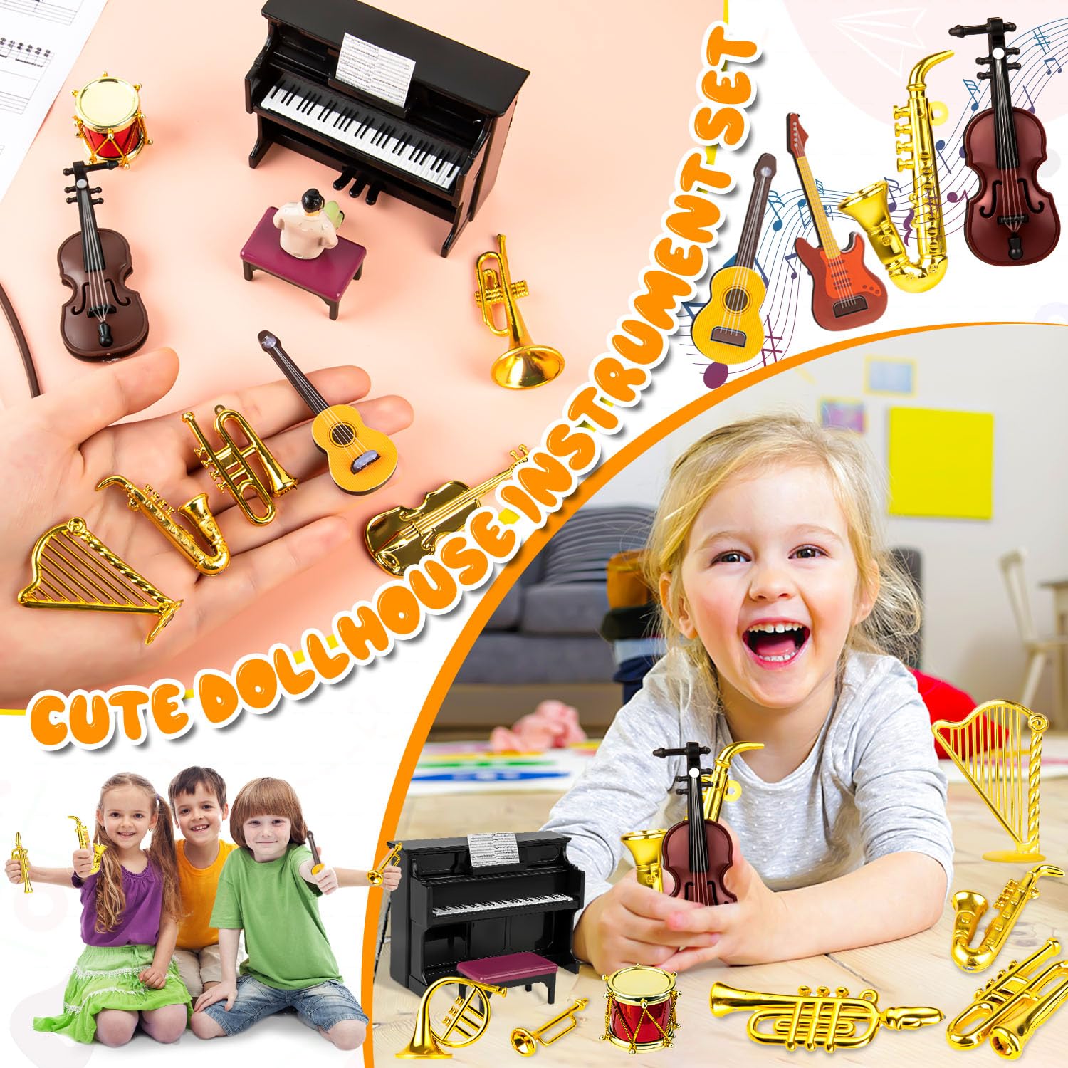 Dollhouse Musical Instruments, Miniature Violin Guitar Piano Drum Trumpet Mini Figurine Ornament for Mini House Musical Room Furnishin