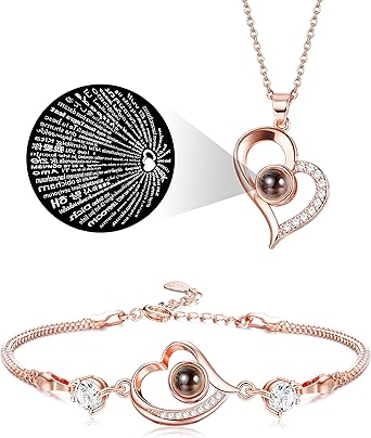 Amazon Com Udalyn I Love You Pendant Necklace Bracelets Set For Women 100 Languages Projection Love Heart Memory Jewelry Set Best Valentine S Day Present Gift For Her Clothing