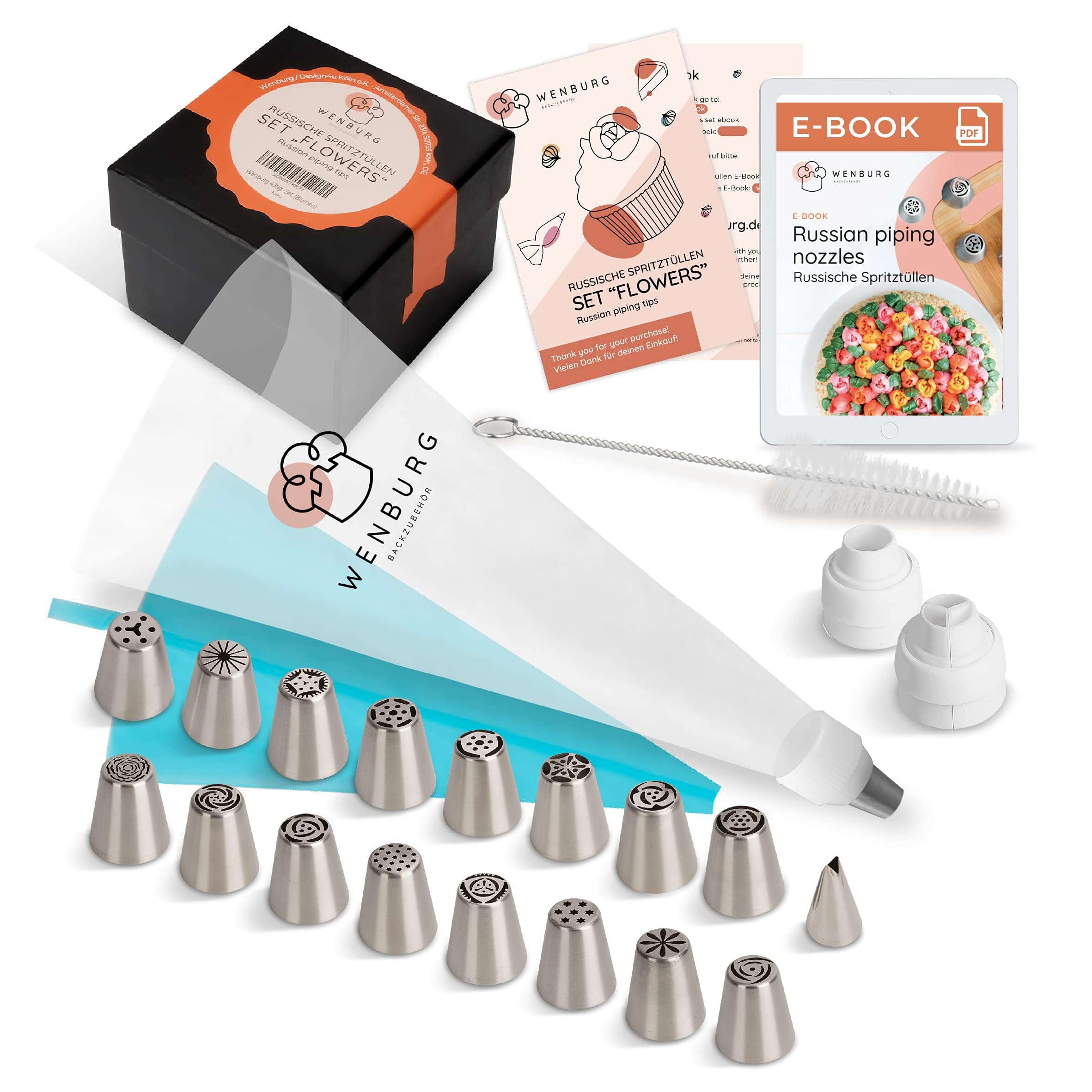 Wenburg Russian Piping Tips Set, 43pcs: 16 Large Flower Tips for Cake Decorating, Leaf Tip, Couplers, Disposable Pastry Bags, Silicone Piping Bag - Pie, Cupcake Decoration Baking Set (Flowers II)