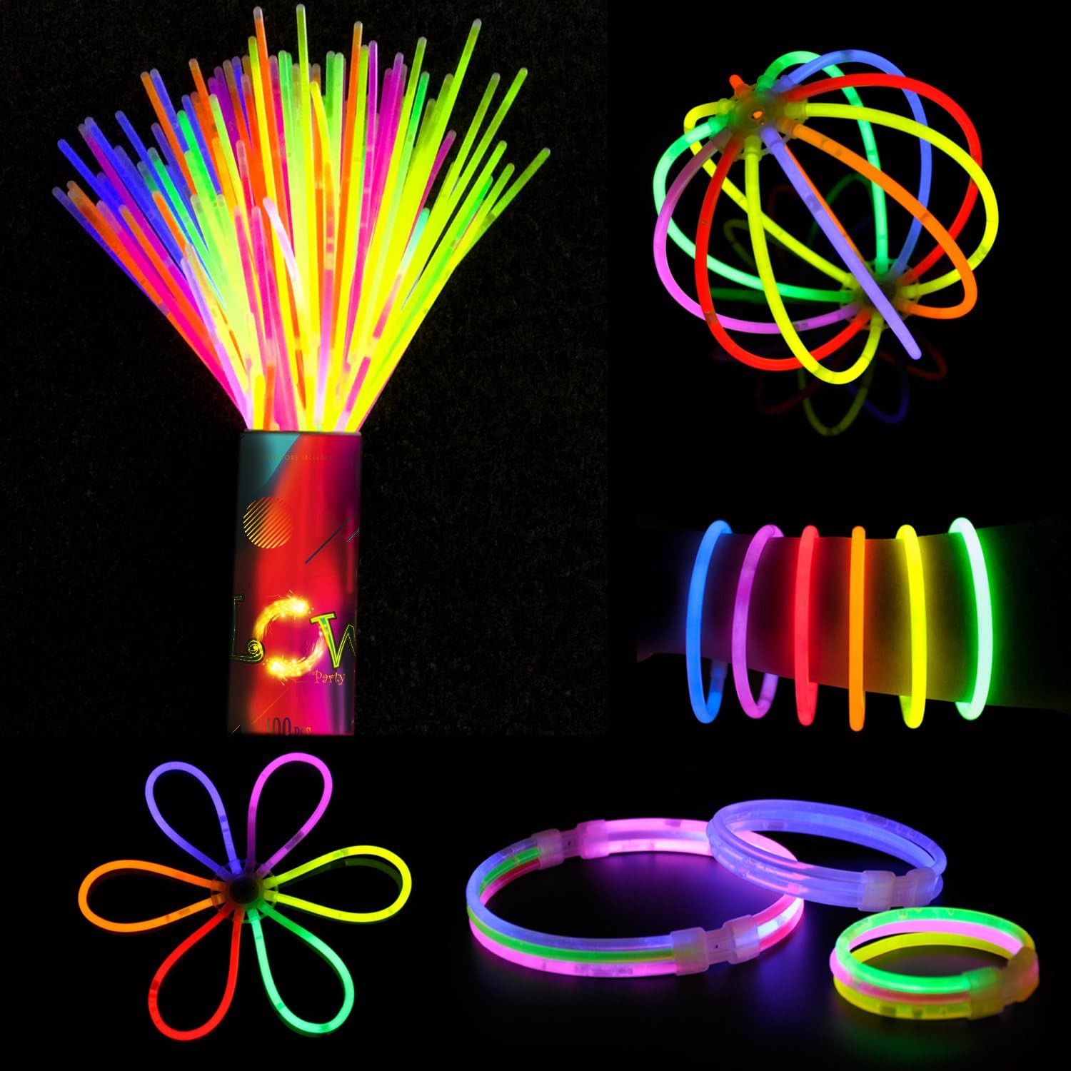 doubleme Set of 100 Bright Bars for Party 20 cm – 10 Colors – Bracelets, Necklaces, kits to create 1 Cap, 5 Glasses, 5 Earrings, 5 Bracelets Triple, 2 Headbands, 2 flowers/1 Ball and much more. En un bote