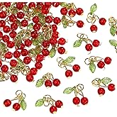ARTISAMILY 20pcs Cherry Glass Pendants Red Cute Fruit Dangle Earring Charms with Green Leaf Charms Lovely Hang Ornament 15x10mm for Bracelet Keychain Necklace Jewelry Making DIY Crafts