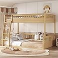 KEIKI Full XL Over Queen Floor Bunk Bed, Narural Wooden Bunk Bed Frame with Ladder & Guardrail, Convertible to 2 Separated Kids Beds for Teens Bedroom, Easy Assembly, Brown