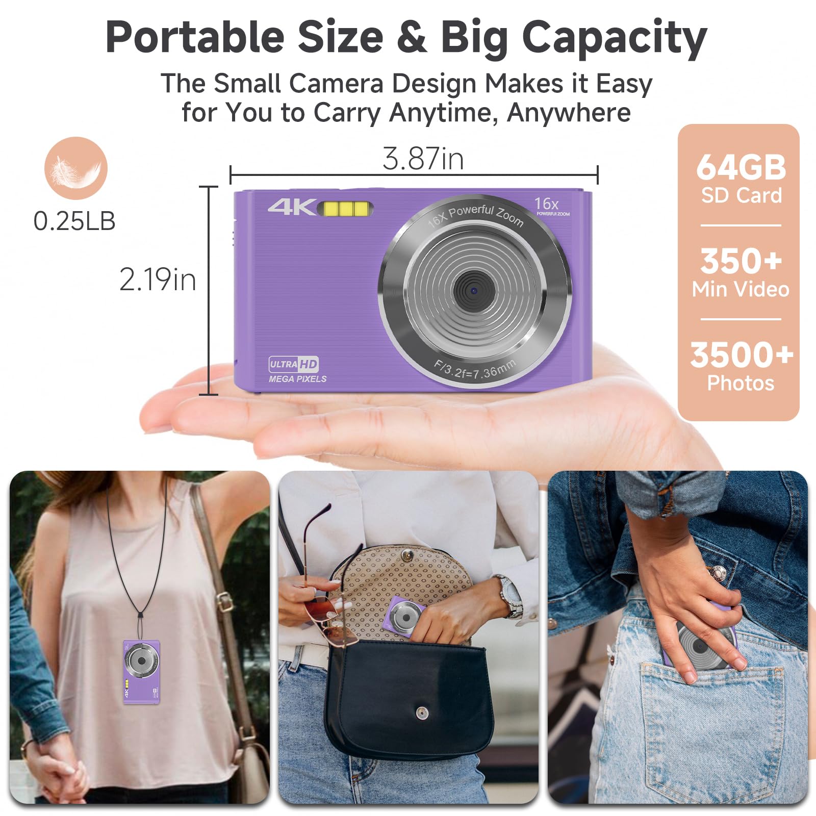 Digital Camera, 44MP FHD 4K Vlogging Camera for Kids Point and Shoot Cameras with 64GB Card, 16X Zoom Portable Compact Small Camera Gifts for Teens Boys Girls Adult Beginner