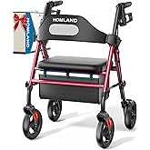 HOMLAND Foldable Rollator Walkers with Seat for Seniors, 8'' Big Wheels, 350 lb. Weight Capacity, Adjustable Handles and Seat Height, Lightweight Rolling Walker, Red