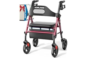 HOMLAND Foldable Rollator Walkers with Seat for Seniors, 8'' Big Wheels, 350 lb. Weight Capacity, Adjustable Handles and Seat Height, Lightweight Rolling Walker, Red