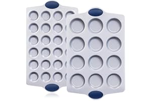 BRONYPRO Ceramic Muffin Pan, 12-Cup and 24-Cup Nonstick Aluminized Steel Mini Cupcake Pans, Healthy Non-Toxic Ceramic Coating Muffin Tin, 2 Pack Cup Cake Pans for Baking Blue