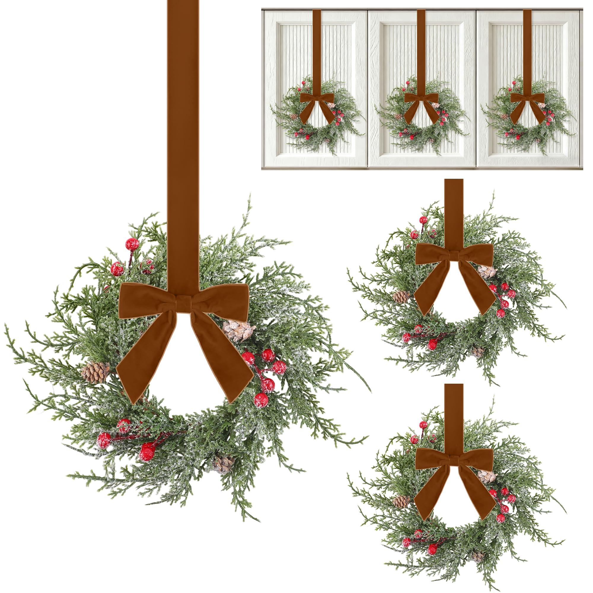 Photo 1 of Aneco 6 Pcs 9.8" Small Christmas Norfolk Wreaths Decorations Mini Christmas Kitchen Cabinet Wreaths with Brown Velvet Bow Artificial Hanging Garlands for Door Window Room Farmhouse Xmas Party Decor