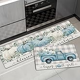 APROPHIC Fall Kitchen Mat Rugs Sets of 2,Blue Happy Fall Y'all Truck Pumpkin Tractor Checkered Rugs for Decorations Hallways,Sink,Laundry Room,Floor Non Slip Carpet Washable 16x24 + 16x41 in