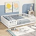 Full Size Montessori Floor Bed with Slats and Center Support Bar, Full Size Floor Bed with Door and Fence, Easy Assemble Montessori Beds for Kids, Girls, Boys, White
