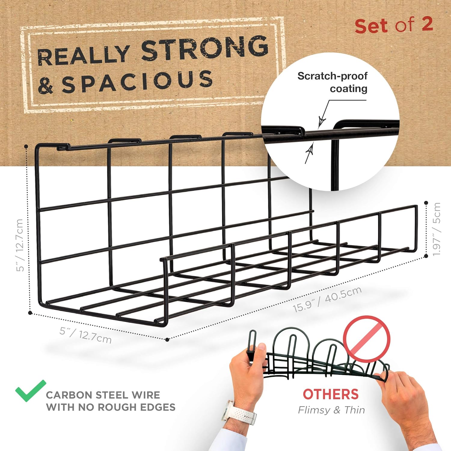 Under Desk Cable Management Tray - Under Desk Cable Organizer for Wire Management. Rack (Black Wire Tray - Set of 2x 16'') - Image 4