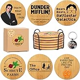 The Office Merchandise Coasters for Drink, Merch Gifts for TV Fans, Dunder Mifflin Kitchen Decor with Holder, House Warming Presents for Friends, Wooden Set, 6 Piece