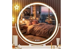 Hasipu Vanity Mirror with Lights, 24" LED Makeup Mirror, Lighted Makeup Mirror with Lights, Smart Touch Control 3 Colors Dimmable Round Mirror 360°Rotation White Round