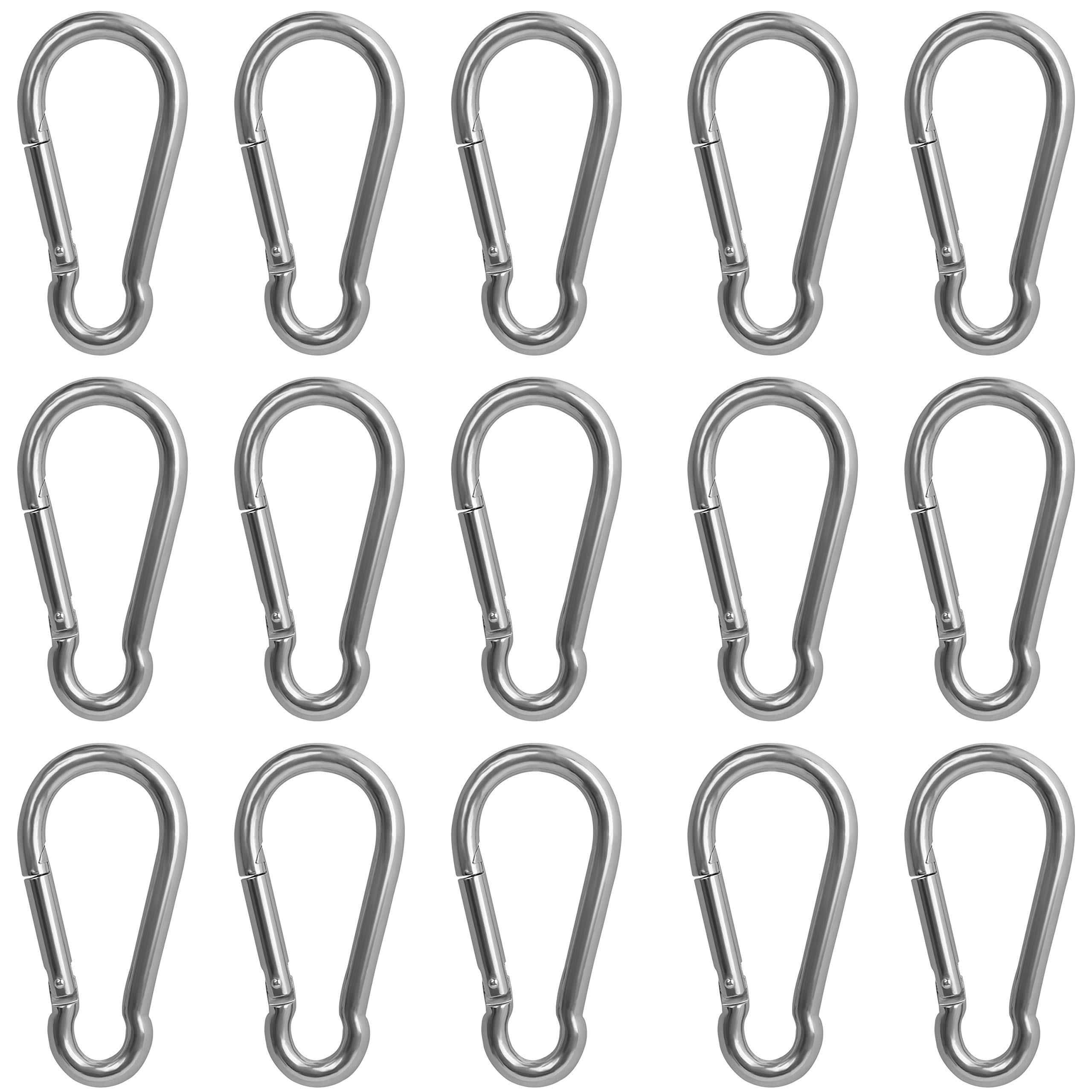 Belle Vous Stainless Steel Snap Spring M4 Hook Carabiner Clips (15 Pack) - 4cm/1.6 inches - Multipurpose Durable Outdoor/Indoor Carabiners for Keychains, Camping, Fishing & Hiking Accessories