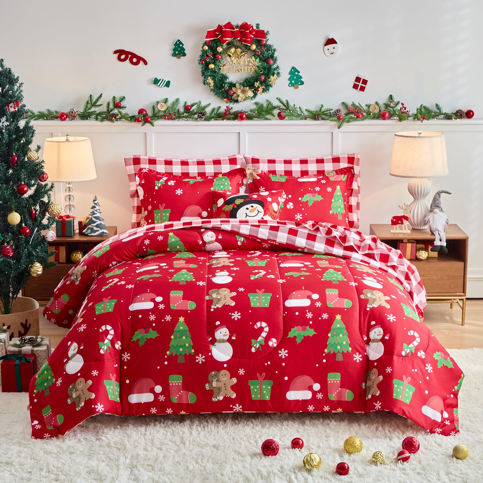 Photo 1 of Joyreap 3pcs Christmas Comforter Set, Xmas Red Tree Snowman Gingerbread Man Design, Soft Microfiber Bedding Comforter for All Season (Twin, 68x86 inches)