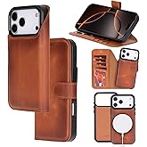 Bayelon Wallet Case for iPhone 17 Pro Max | 6.9", Full Grain Leather Wallet Case, Detachable Magnetic Flip Cover, Card Holder, MagSafe Compatible, RFID, Genuine Leather Phone Case (Vintage Brown)