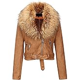 Bellivera Women Faux Leather Suede Jacket Moto Biker Coat Sherpa-Lined Overcoat with Removable Belt