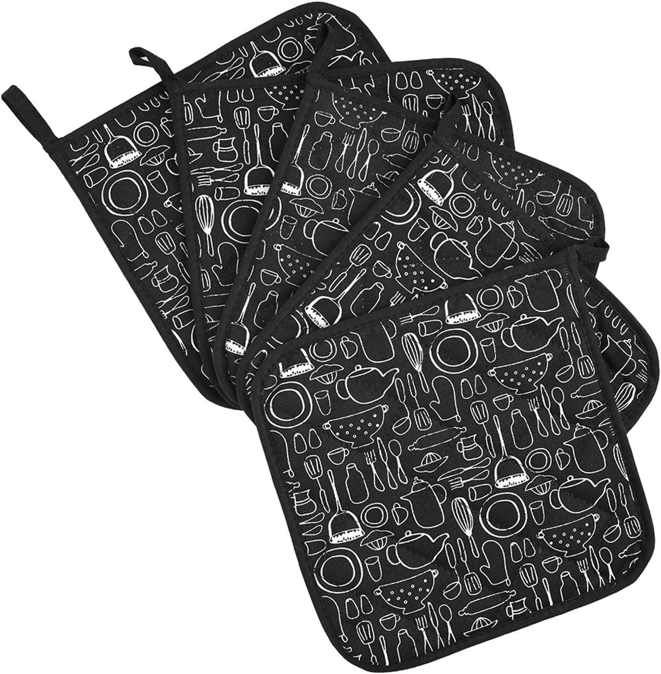 Jennice House Potholders Trivets Kitchen Heat Resistant Cotton Coasters Hot Pads Pot Holders Set of 5 for Everyday Cooking and Baking by 8 x 8Inch (Black): Home & Kitchen