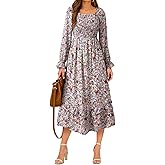 Dokotoo Boho Dresses for Women 2025 Casual Floral Square Neck Long Sleeve Smocked Elastic Waist Tiered Ruffle Hem Maxi Dress