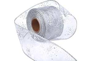 Livder 2.5 Inch Wide Christmas Wired Ribbon Snowflake Organza Sheer Glitter Ribbon for Xmas Tree, Wreath, Party Decoration, Gift Wrapping (Silver, 65.7 Foot (Pack of 1))