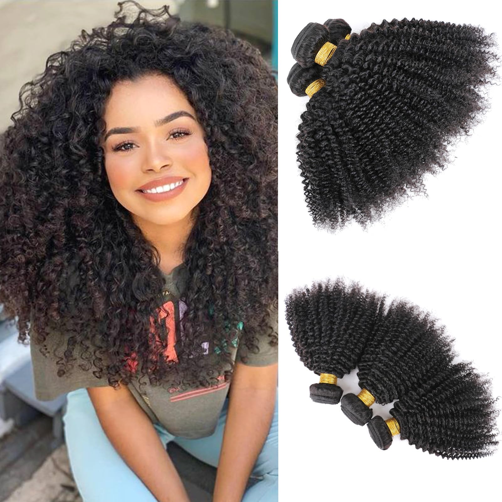 DaiMer Mongolian 4B 4C Afro Kinky Curly 100% Human Hair 3 Bundles Unprocessed Virgin Hair Weave Double Weft Big Hair for African Women Natural Color (14/14/14 Inch) — image 1