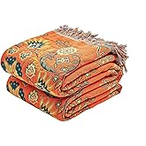 XIBLC Boho Throw Blanket 100% Cotton Ultra Soft Luxury Throw Rustic Quilt 50"x60" Floral Printed Farmhouse Decor Bed Summer Blankets All Season Rustic Reversible Bohemian Throw for Bed Orange