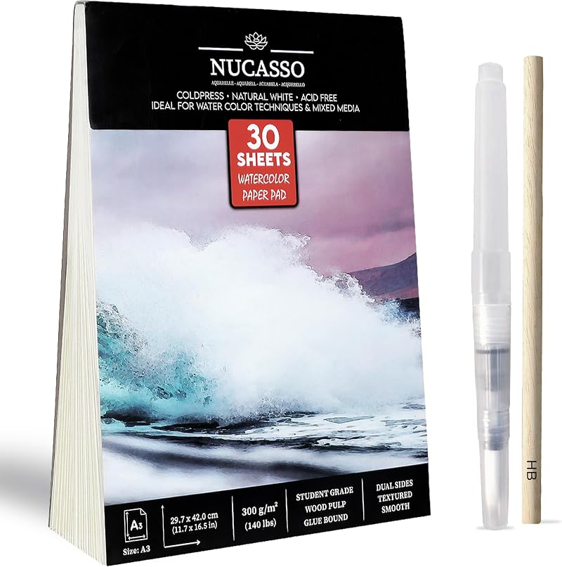 NUCASSO Watercolour Paper Pad A3 30 Sheets 300GSM Cold-Pressed Natural White