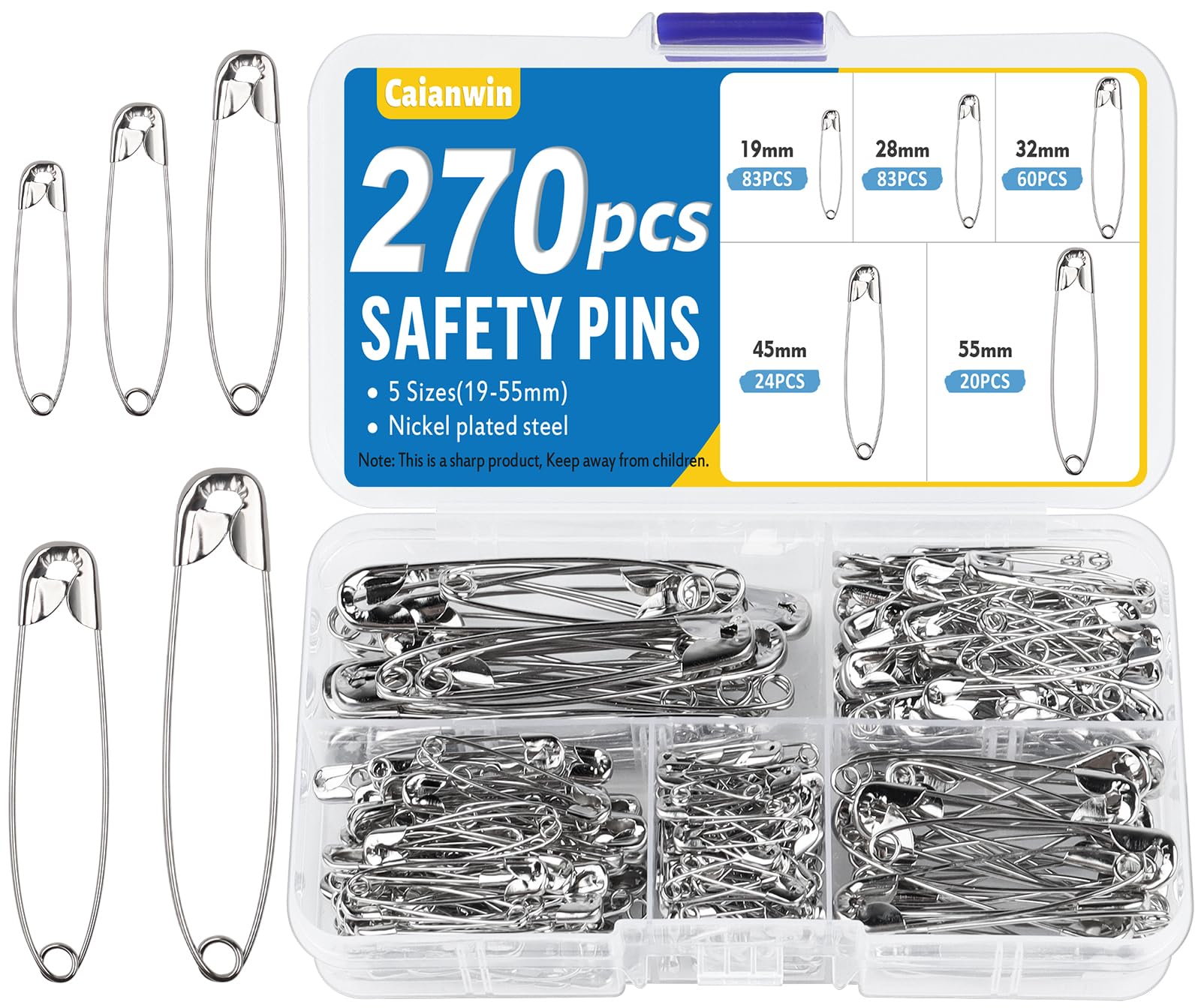 Caianwin 270 Pcs Safety Pins Set - 5 Sizes Safety Pins for Clothes Small(19mm/28mm/32mm) and Large Safety Pin(45mm/55mm) Silver, Metal Safety Pin for Arts and Crafts Sewing DIY