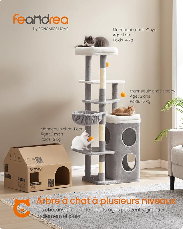 Arbre à Chat 150 cm de Haut, Tour de Jeux à Plusieurs Niveaux