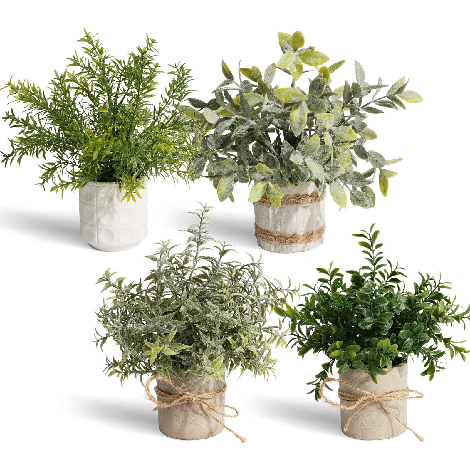 YVONNEYI 4Pcs Artificial Plants Indoor, Faux Plants for Indoors, Small Fake Plants Mini Greenery in White Pot for Home Bathroom Kitchen Office Room Shelf Decor