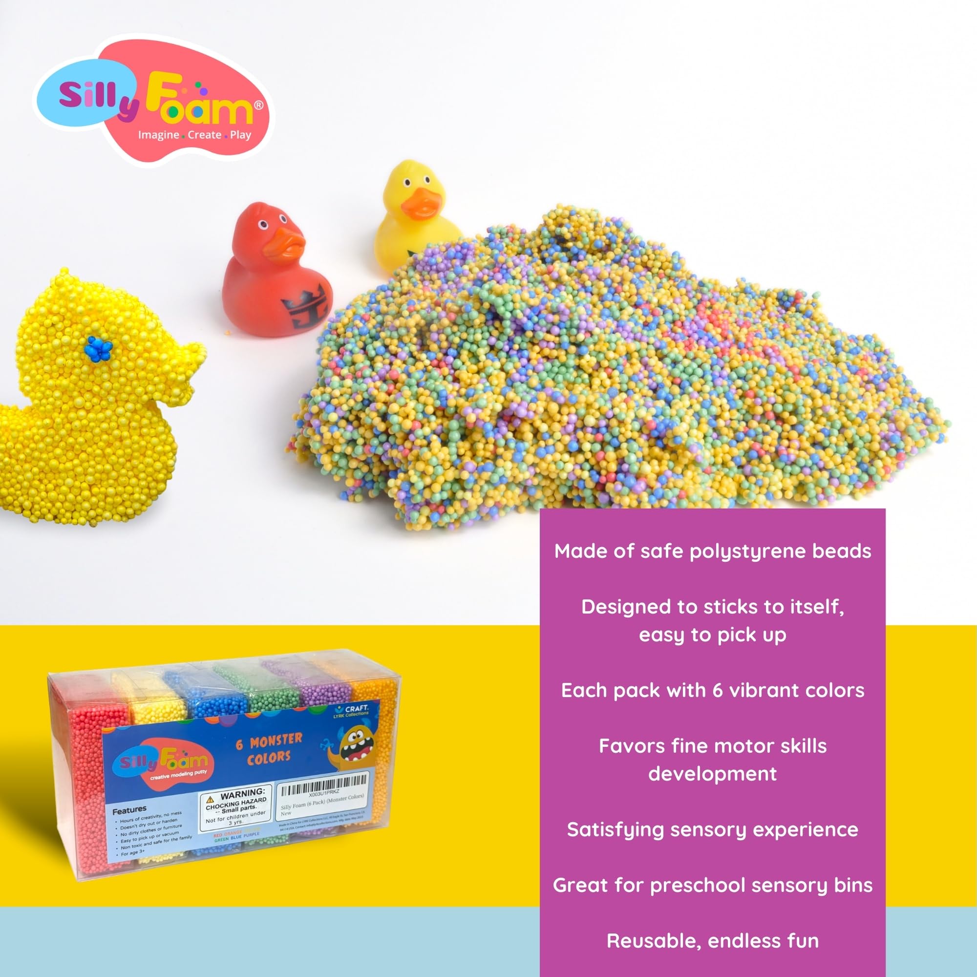 Silly Foam, Creative Modeling Foam Beads, 1-Pack of 6 Primary Color Blocks, No-Slime No-Mess, Perfect for Preschool and Kids, Arts & Crafts, Sensory Play, STEM, Travel Toy, Non-Toxic (Age 3+)