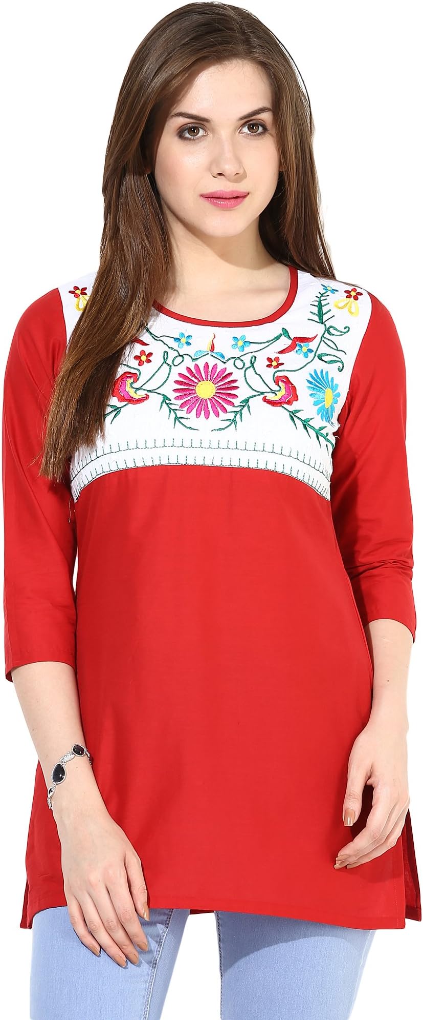 Indi Dori Women's Cotton Red Solid Embroidered Neck Tunic