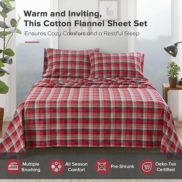 WOOLRICH COTTON SHEET SET COTTAGE CHARMS PRINT, 100% COTTON FLANNEL SHEETS WARM & FUZZY BEDDING SET KING SIZE SHEETS, FITTED POCKET FITS UP TO 14″ MATTRESS, KING RED PLAID, 4 PIECE