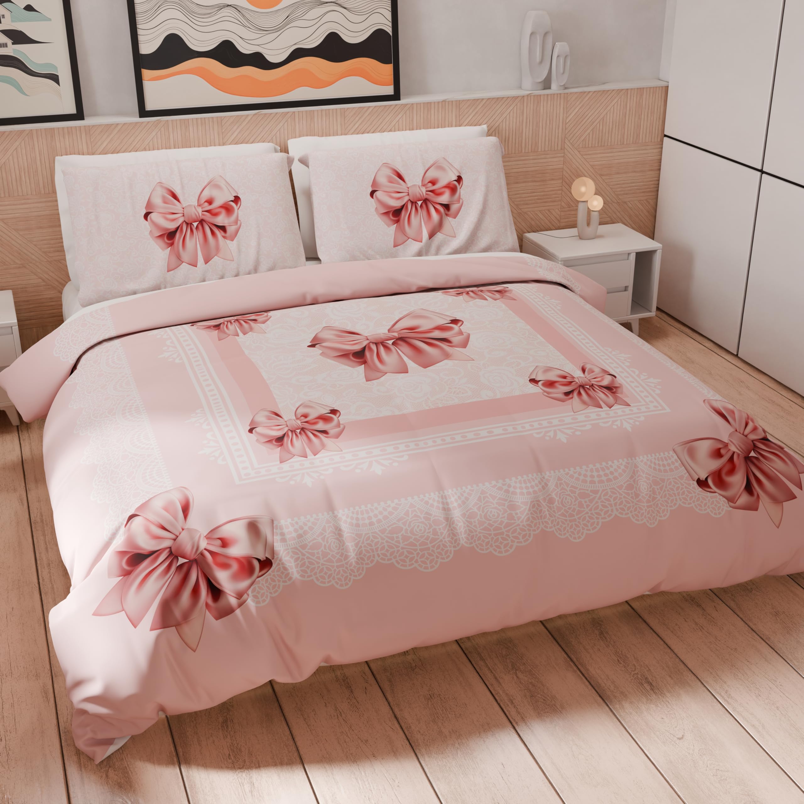 PETTI Artigiani Italiani - Single Duvet Cover 160 x 200 cm, Microfibre Duvet Cover with Digital Print + 1 Pillowcase 50 x 80 cm - Made in Italy - Pink Bow