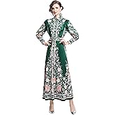 LAI MENG FIVE CATS Women's Vintage Floral Print Belt Maxi Dress Flowy Casual Button Up Split Long Dress