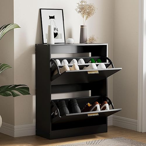NOVAMAISON Shoe Cabinet for Entryway Slim Set of 2, Black Narrow