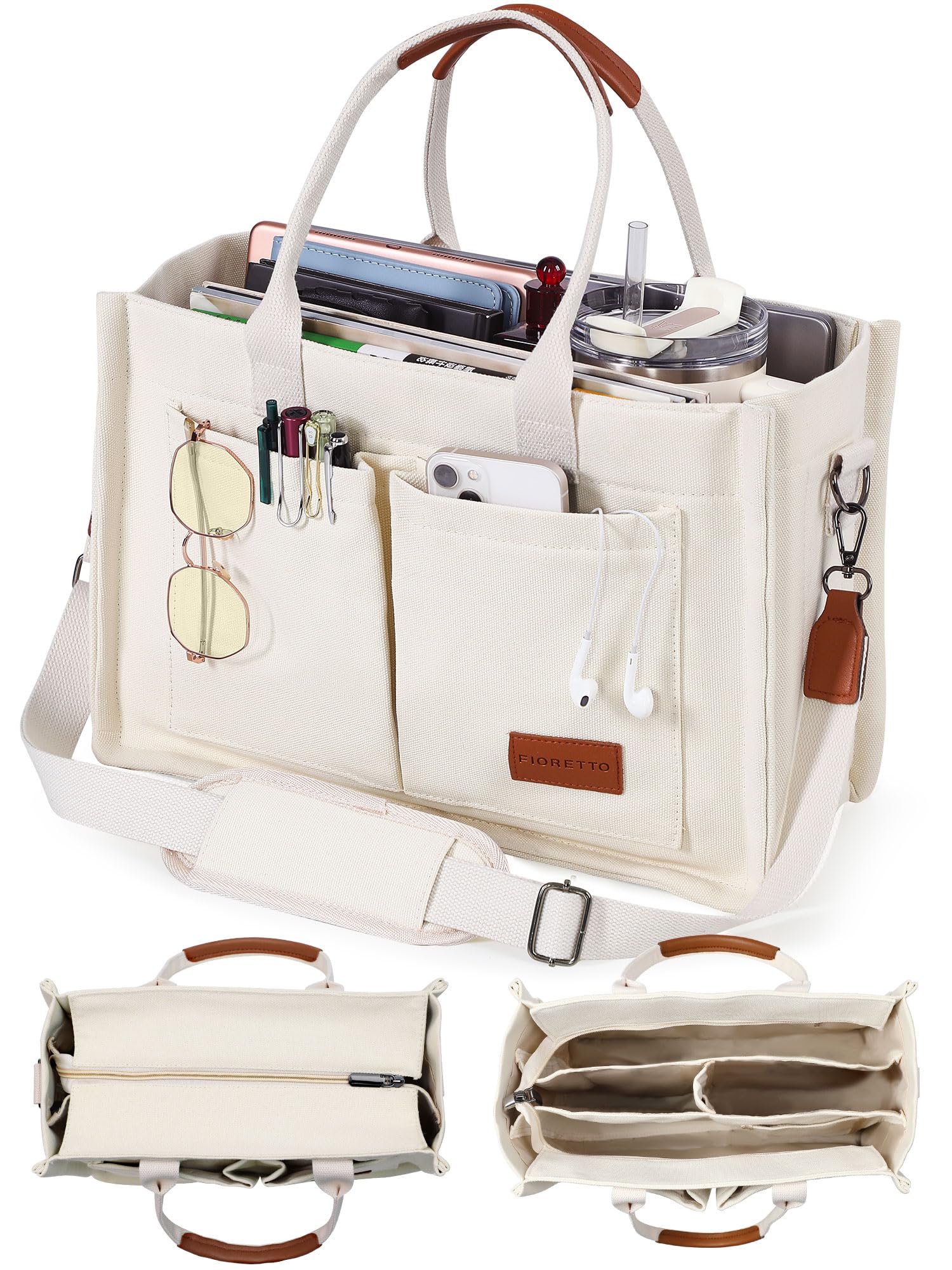 Photo 1 of FIORETTO Canvas Tote Bag for Women with Zipper Closure & Individual Compartments for Work College, Crossbody Laptop Tote Purse Handbag with Detachable Strap & Bottom Support for Teacher & Nurse Beige