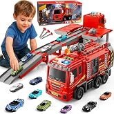 Fire Truck Toy for Kids Ages 3-5 4-8, 2-in-1 Race Track Set with Launcher | Includes 6 cars with lights and sounds, creating rescue play and making a fun birthday or holiday gift for boys &amp; girls