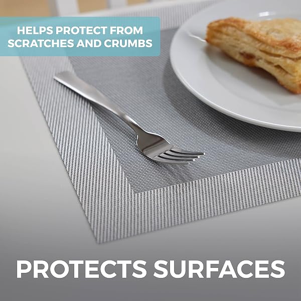 HOME GENIE HEAT RESISTANT PLACEMATS, DINING ROOM TABLE MATS, PROTECT SURFACES, WOVEN PLACEMAT SETTING FOR DINNER, WASHABLE VINYL FOOD GRADE MAT, KITCHEN DECOR ACCESSORIES, SET OF 4, SIZE 18X12, SILVER