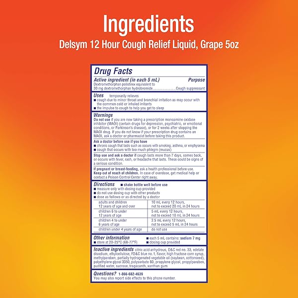 DELSYM 12 HOUR COUGH MEDICINE FOR ADULTS, POWERFUL RELIEF FOR 12 HOURS, COUGH SUPPRESSANT LIQUID WITH EXTENDED-RELEASE DEXTROMETHORPHAN, GRAPE FLAVOR LIQUID COUGH SYRUP, 5 FL OZ (PACK OF 1)