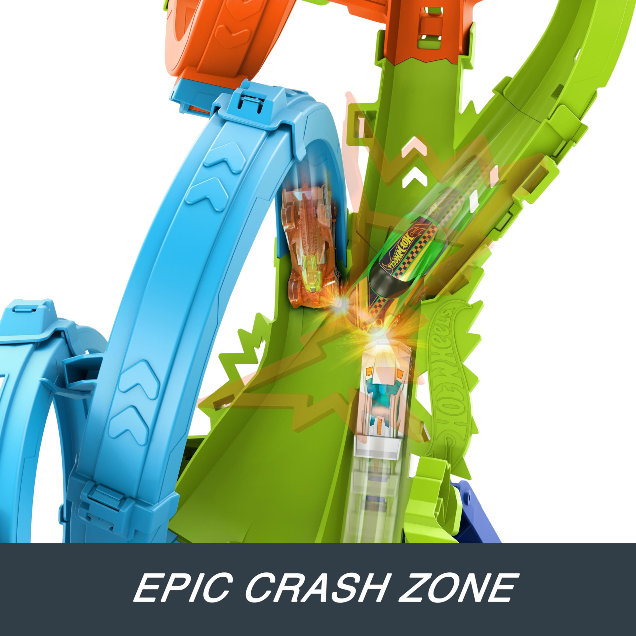 Hot Wheels Track Set with 4 Loops, 3-Way Crash Zone & Motorized Booster, Folds for Storage, with 1:64 Scale Toy Car