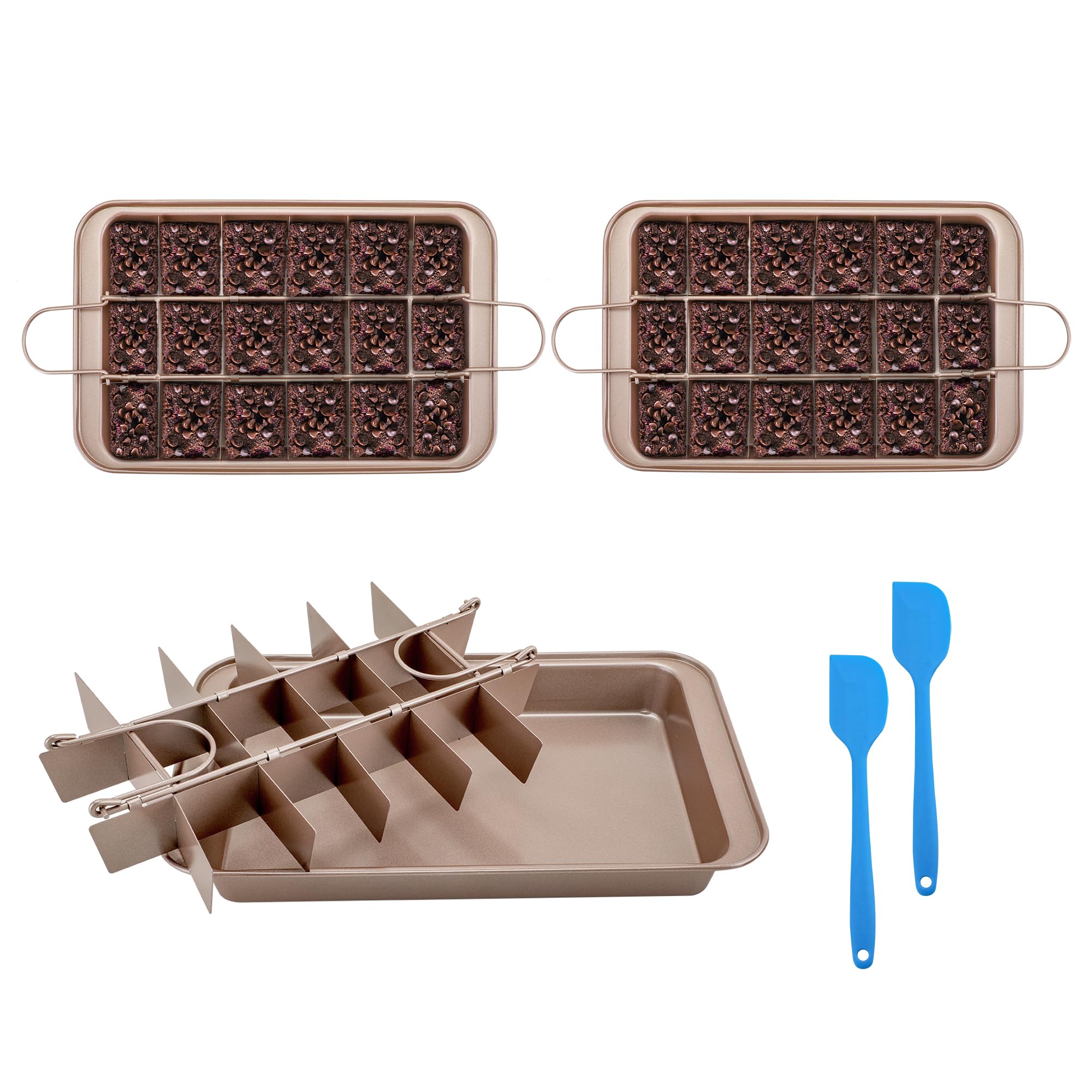 2 Pack Non Stick Brownie Trays for Baking with Dividers, 18-Cavity Brownie Pan Precut Slices, Carbon Steel Brownies Baking Tray Removable Champagne Gold for Cupcake Cake Muffin Pizzas 31.5x19.3x3.5cm